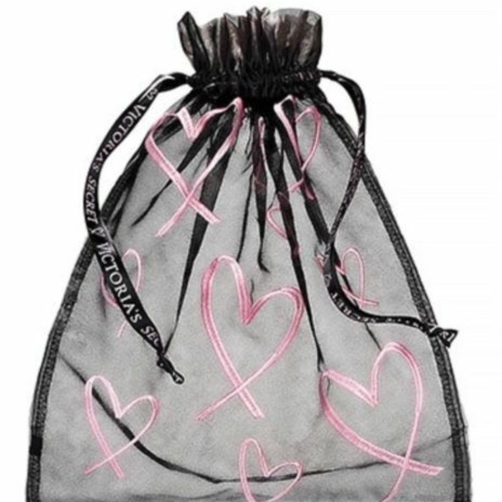 NWT Victoria's Secret Pink Embroidered Hearts Black Mesh Lingerie Drawstring Bag